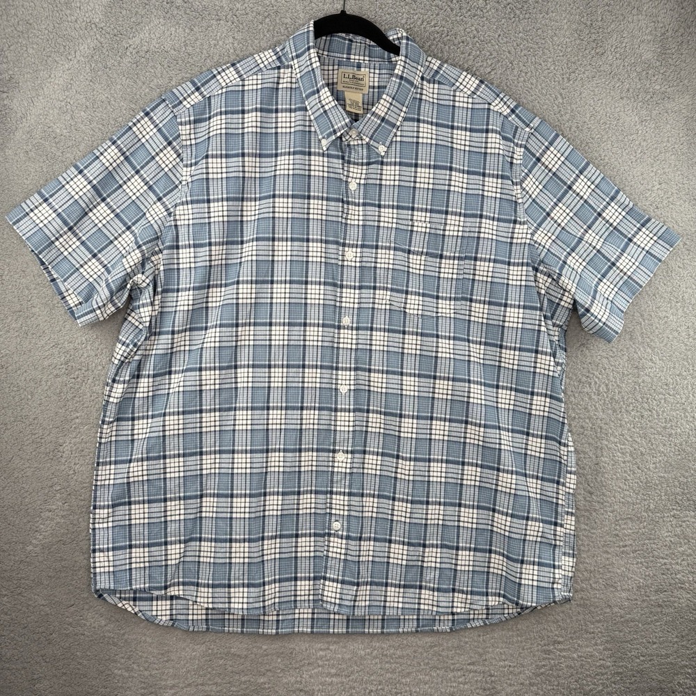 LL Bean Slightly Fitted Button Down Shirt Men's XXL 2XL Blue Plaid Cotton Pocket